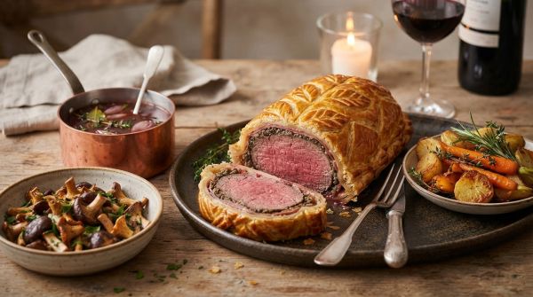 What techniques can enhance the flavors of a classic beef Wellington?